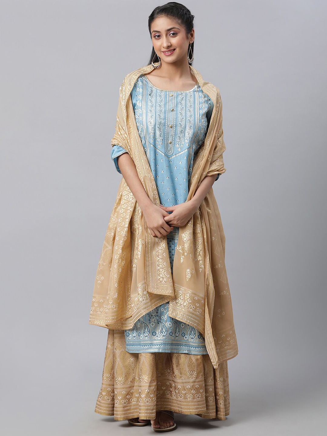 

AURELIA Ethnic Motifs Printed Regular Kurta With Skirt & Dupatta, Blue