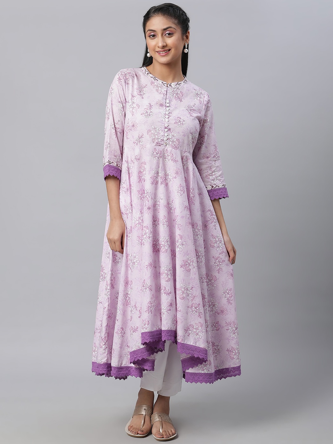 

AURELIA Ethnic Motifs Printed Pure Cotton Anarkali Kurta, Purple