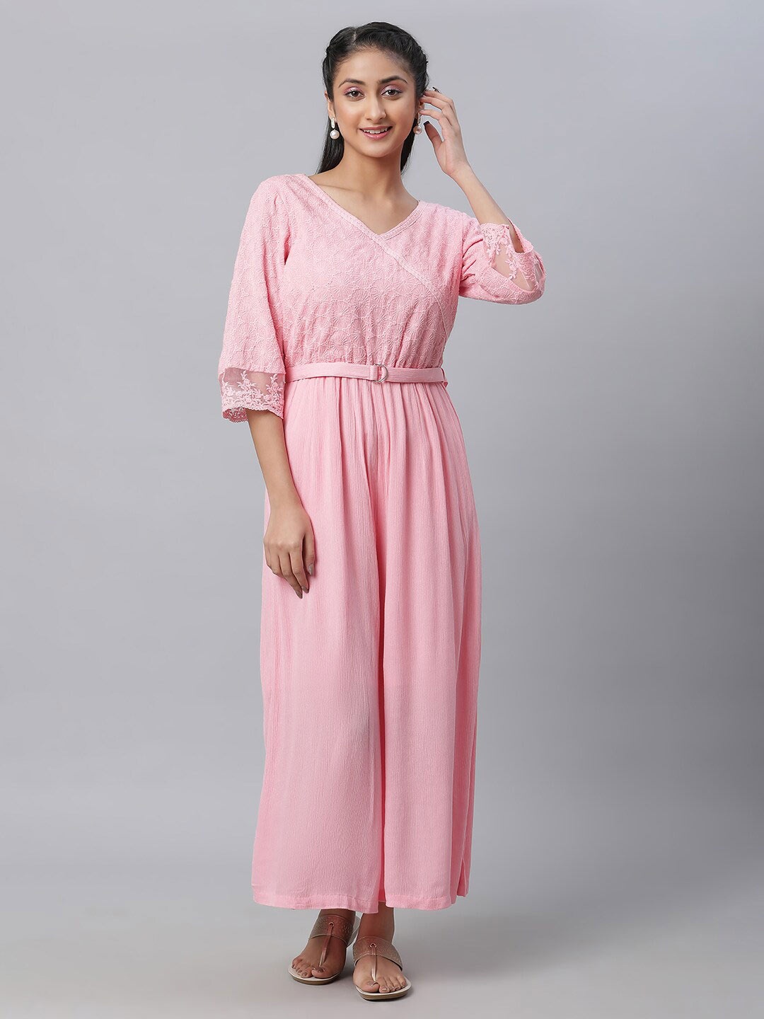 

AURELIA Embroidered V-Neck Belted Basic Jumpsuit, Pink