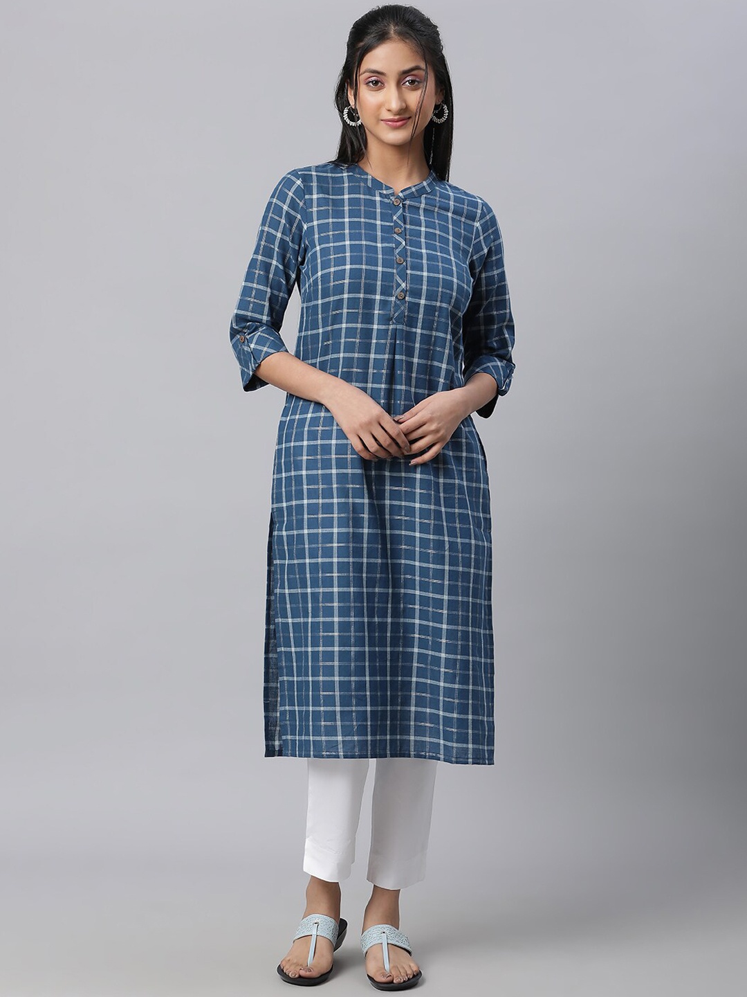 

AURELIA Checked Straight Pure Cotton Kurta, Blue