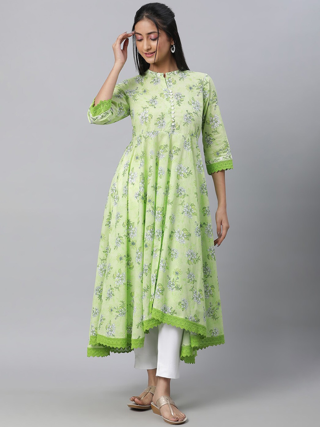 

AURELIA Floral Printed Pure Cotton Anarkali Kurta, Green