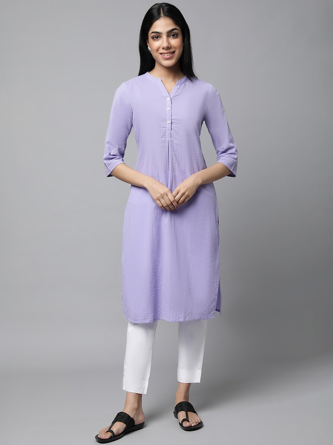 

AURELIA Self Design Mandarin Collar Regular Kurta With Trousers, Purple