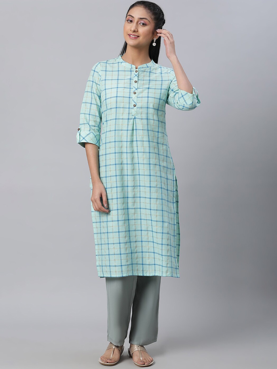 

AURELIA Checked Straight Pure Cotton Kurta, Blue