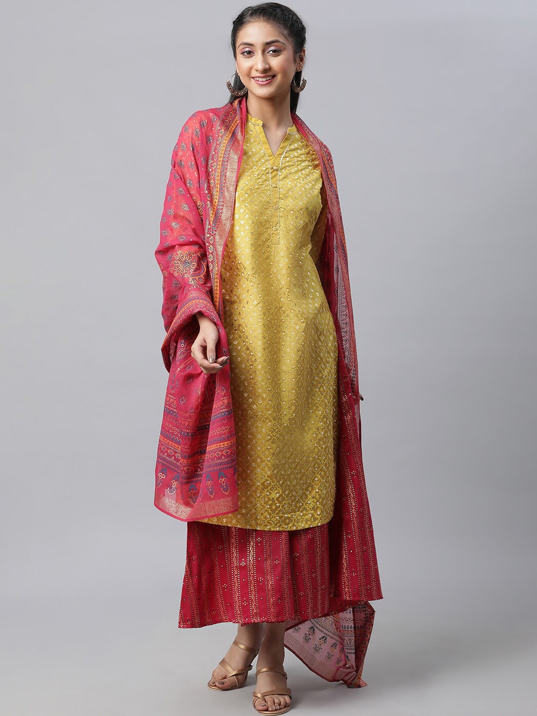 

AURELIA Ethnic Motifs Printed Regular Kurta With Palazzos & Dupatta, Yellow