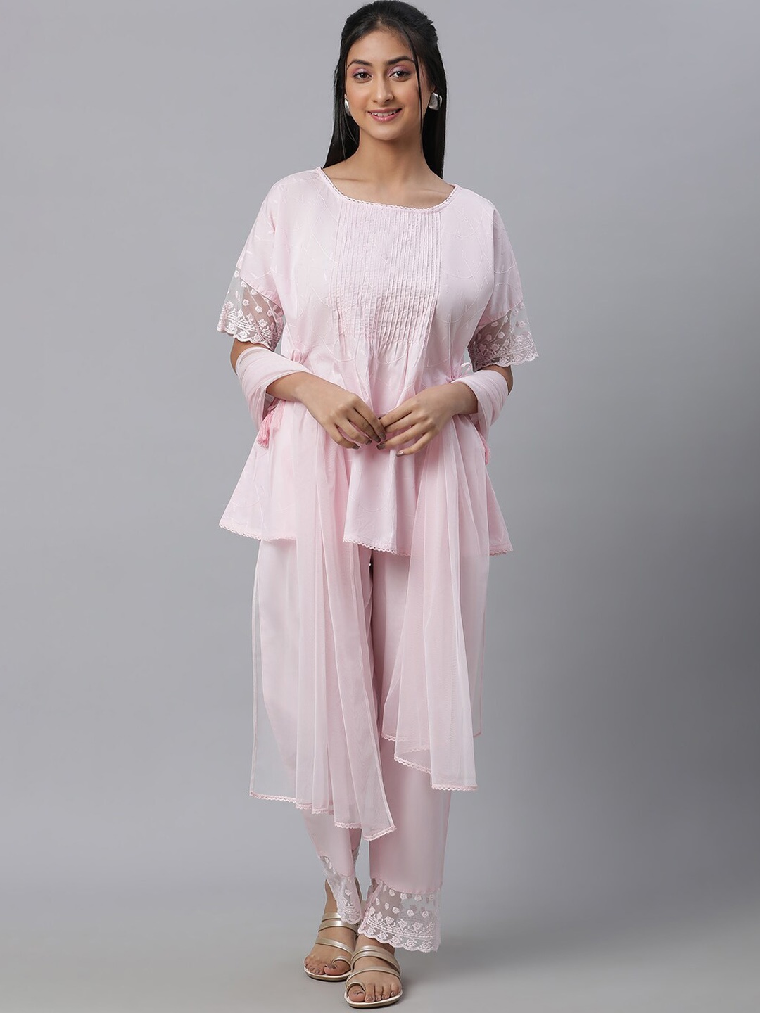 

AURELIA Floral Embroidered Pure Cotton Kurti With Palazzos & Dupatta, Pink