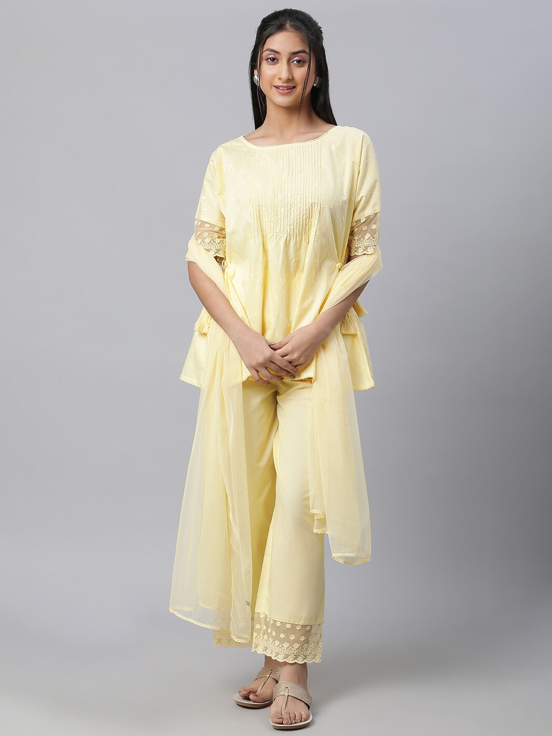 

AURELIA Floral Self Design Pure Cotton Kurti with Palazzos & Dupatta, Yellow