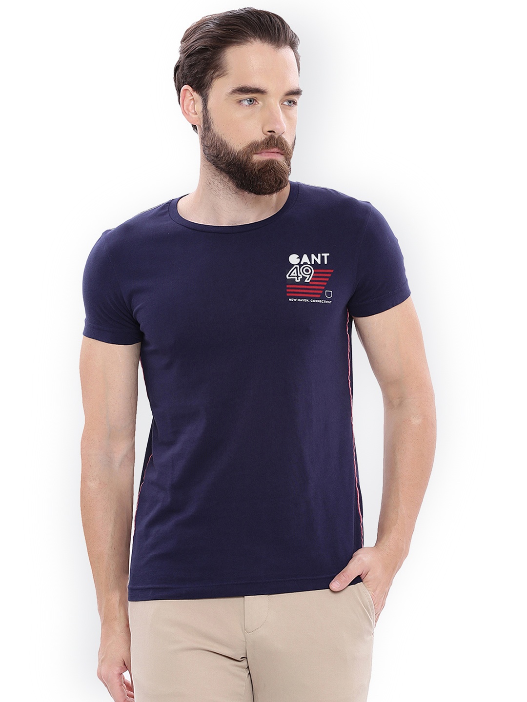 

GANT Men Navy Blue Solid Round Neck T-shirt