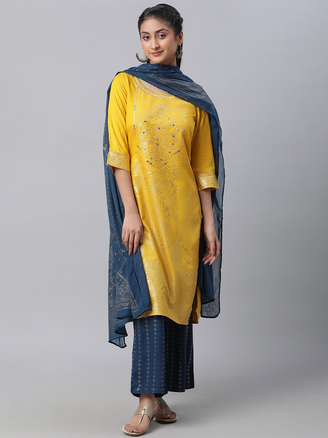 

AURELIA Floral Printed Regular Kurta with Palazzos & Dupatta, Yellow