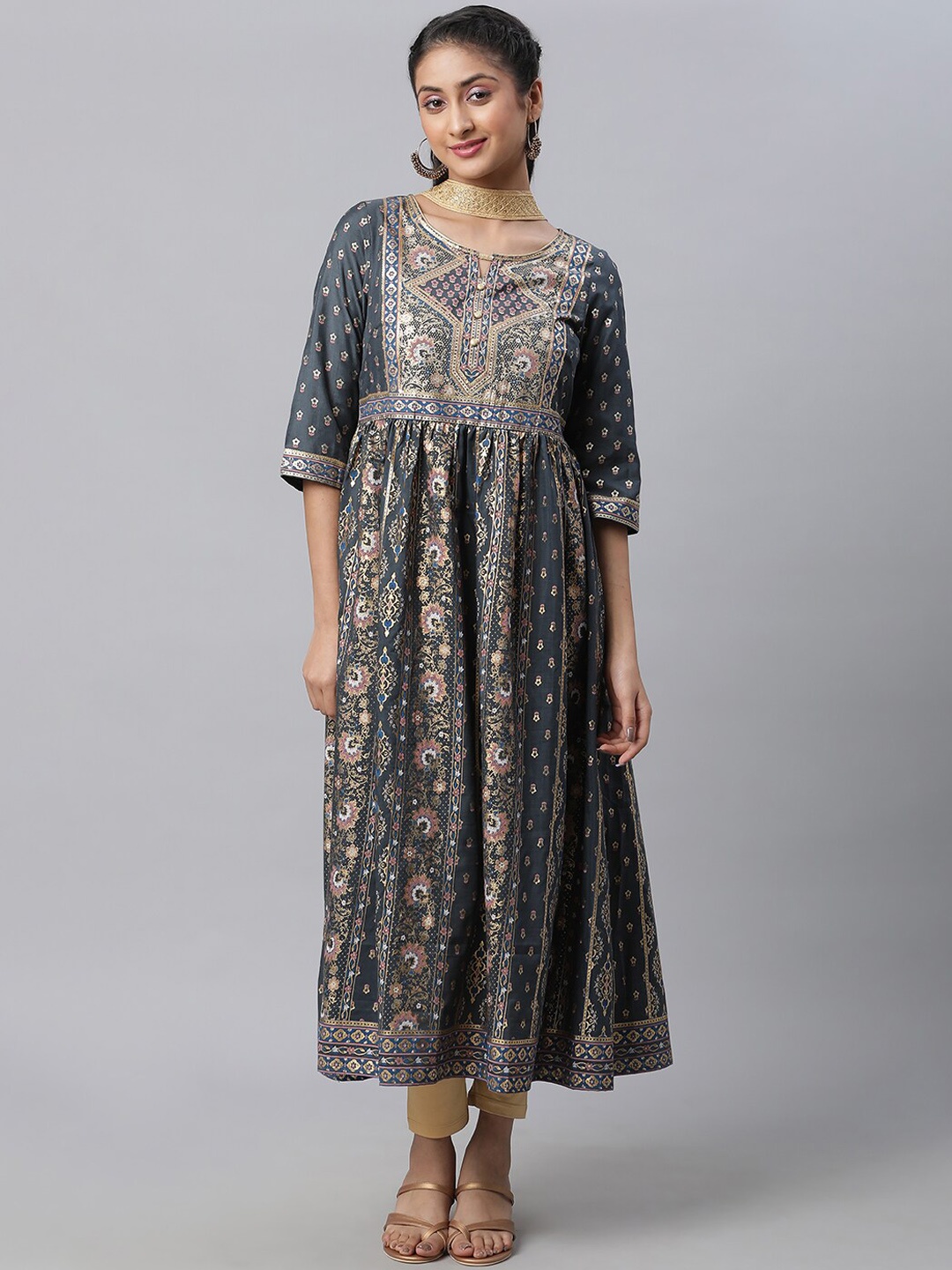 

AURELIA Ethnic Motifs Printed Sequined Kurta with Trousers & Dupatta, Grey