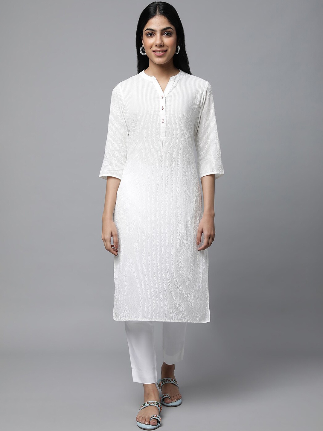 

AURELIA Self Design Mandarin Collar Straight Kurta with Trousers, White