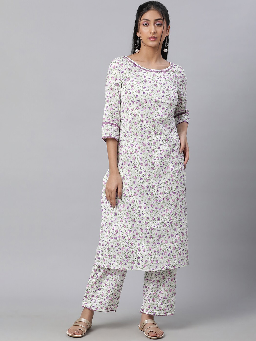 

Aurelia Women White Floral Print Cotton Blend Kurta Set with Palazzos