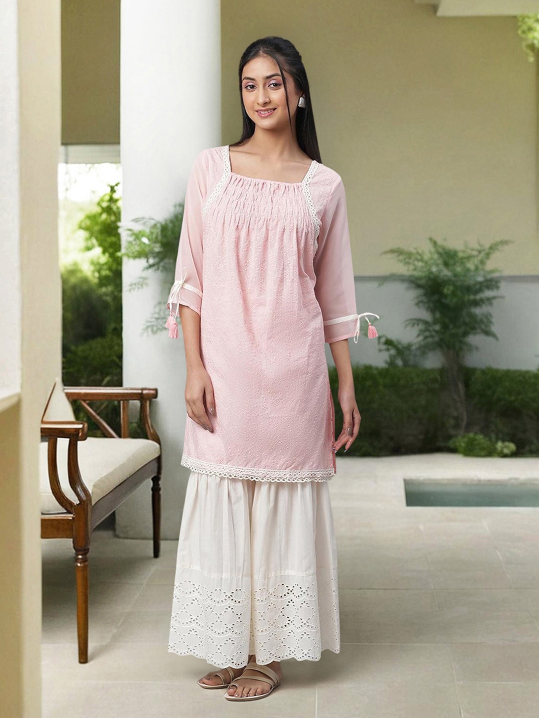 

Aurelia Women Pink Floral Print Cotton Kurta Set with Sharara & Dupatta