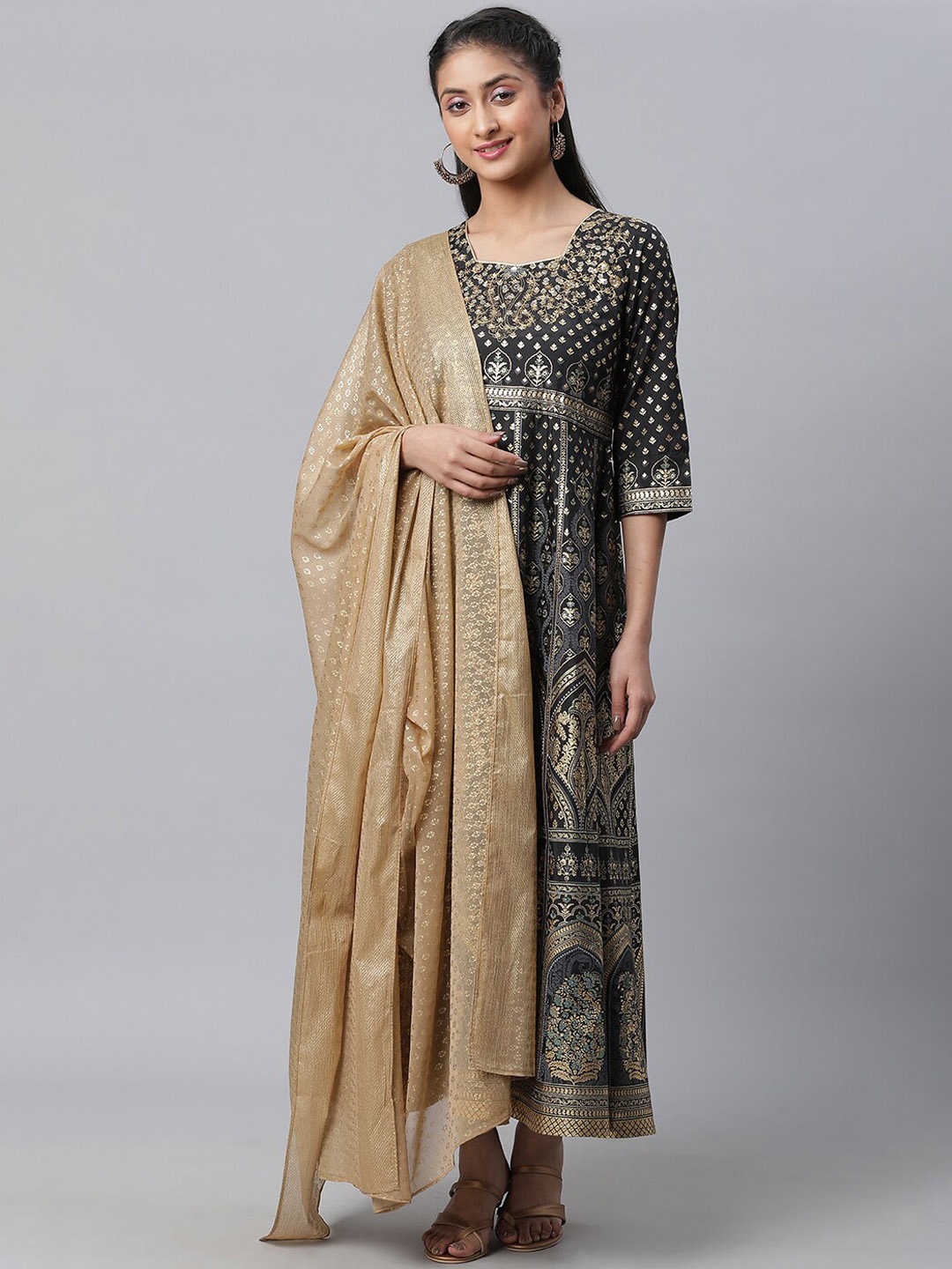 

AURELIA Ethnic Motifs Printed Sequined Anarkali Kurta With Dupatta, Black