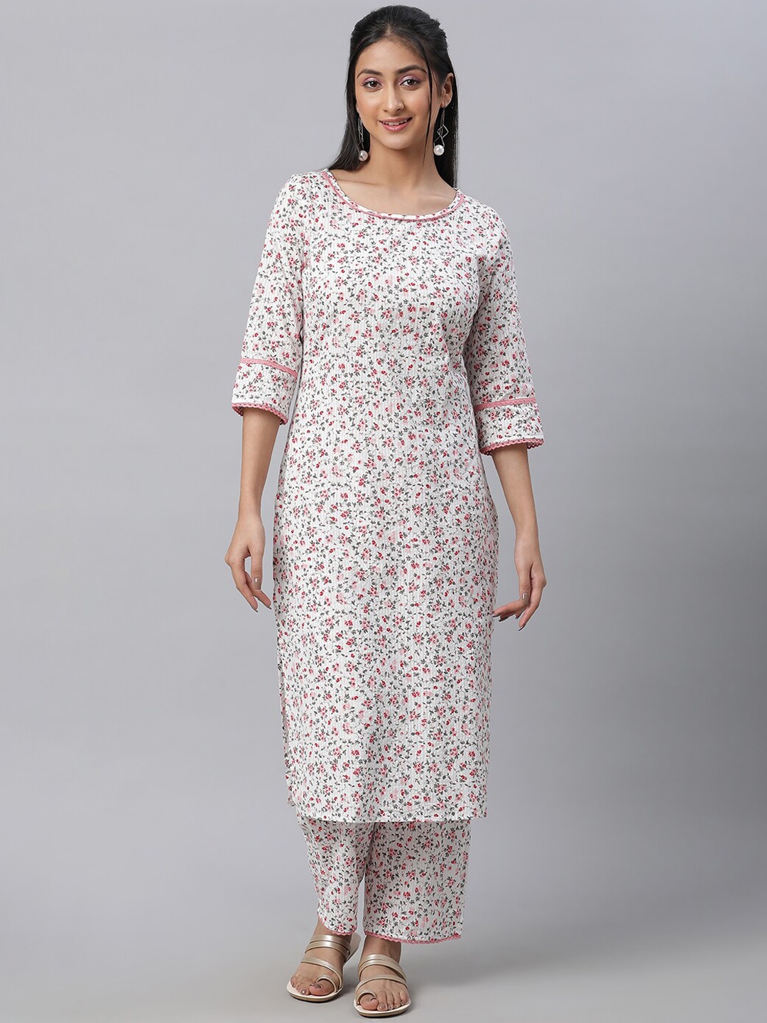 

AURELIA Floral Printed Lace Detail Kurta with Palazzos, White