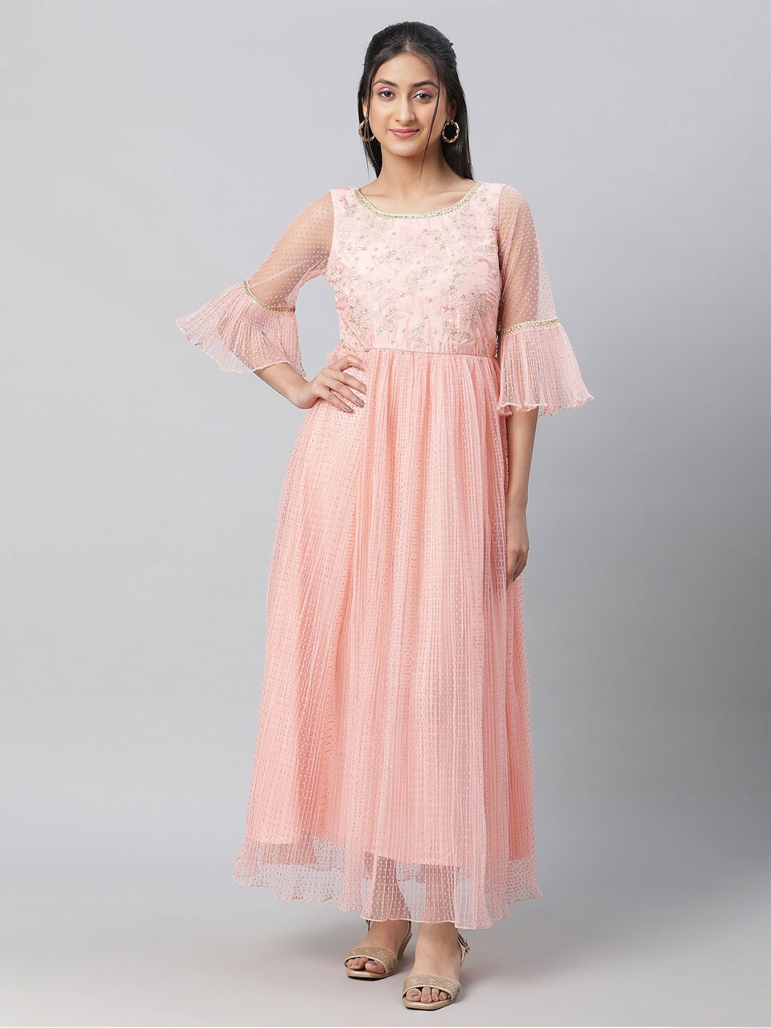 

AURELIA Embroidered Bell Sleeve Smocked Maxi Ethnic Dress, Peach