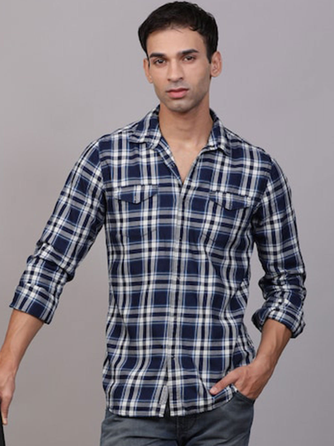 

POE Smart Slim Fit Tartan Checks Opaque Pure Cotton Casual Shirt, Blue