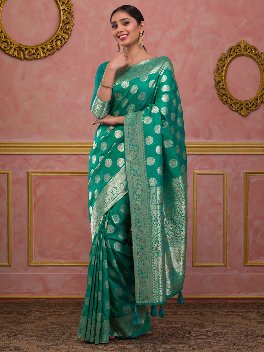 

Koskii Woven Design Zari Banarasi Saree, Green