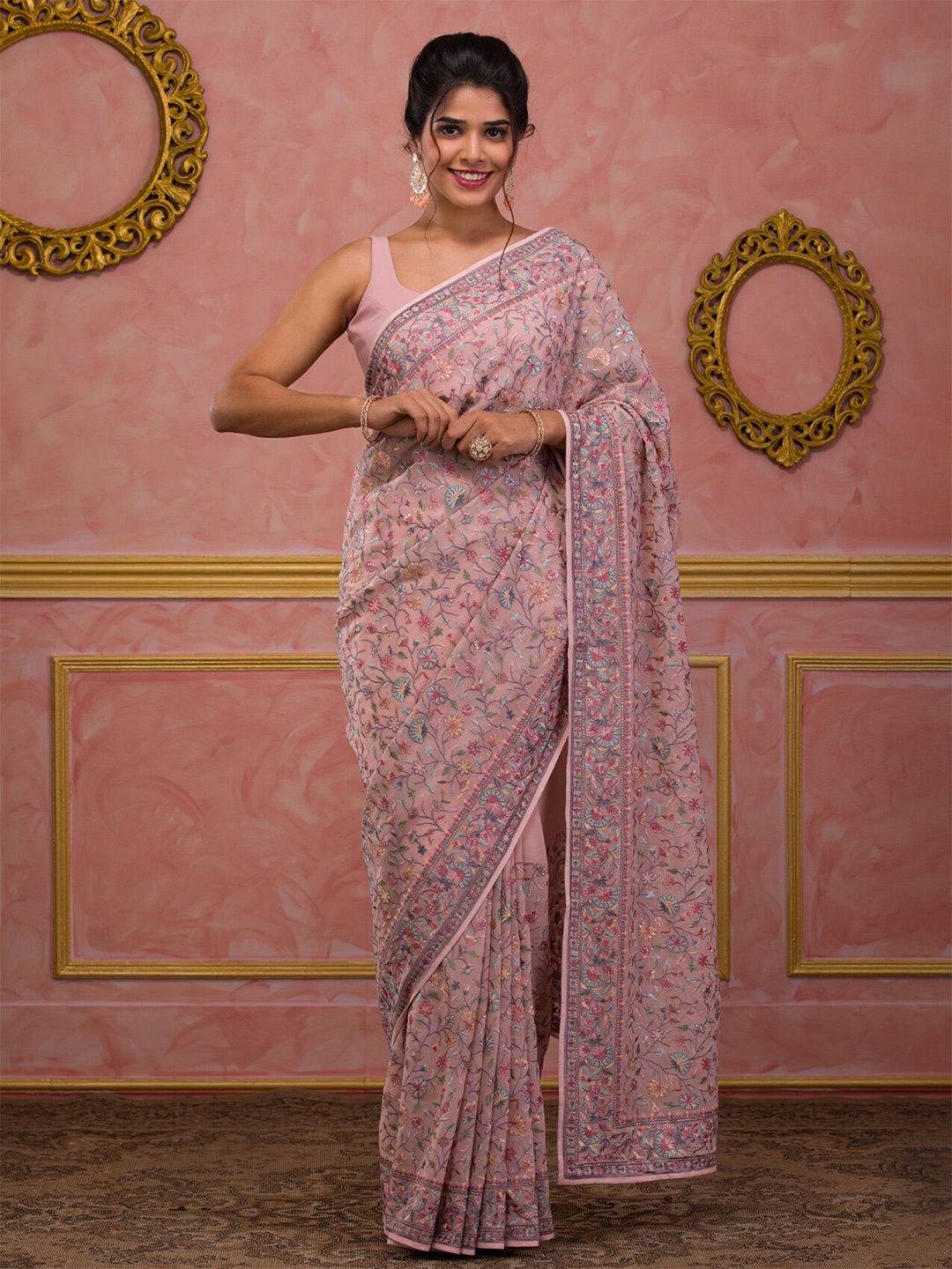 

Koskii Floral Embroidered Poly Georgette Saree, Peach