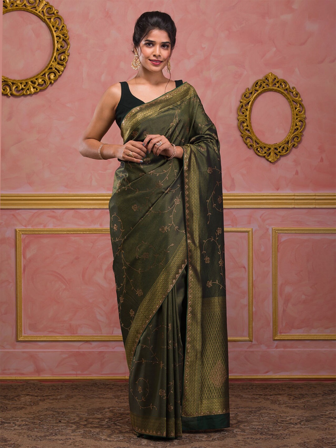 

Koskii Floral Woven Design Beads And Stones Brocade Banarasi Saree, Green