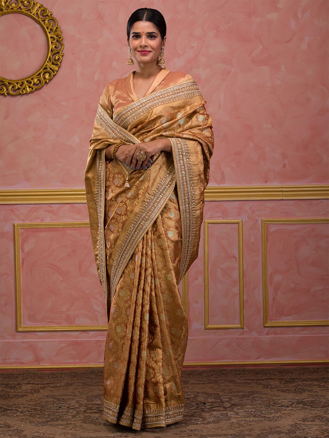 

Koskii Floral Woven Design Embroidered Brocade Banarasi Saree, Peach