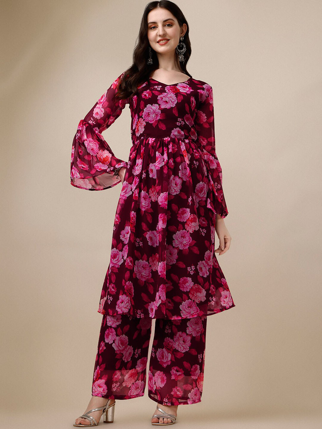 

Vaidehi Fashion Floral Printed Bell Sleeves Kurta With Palazzos & With Dupatta, Purple