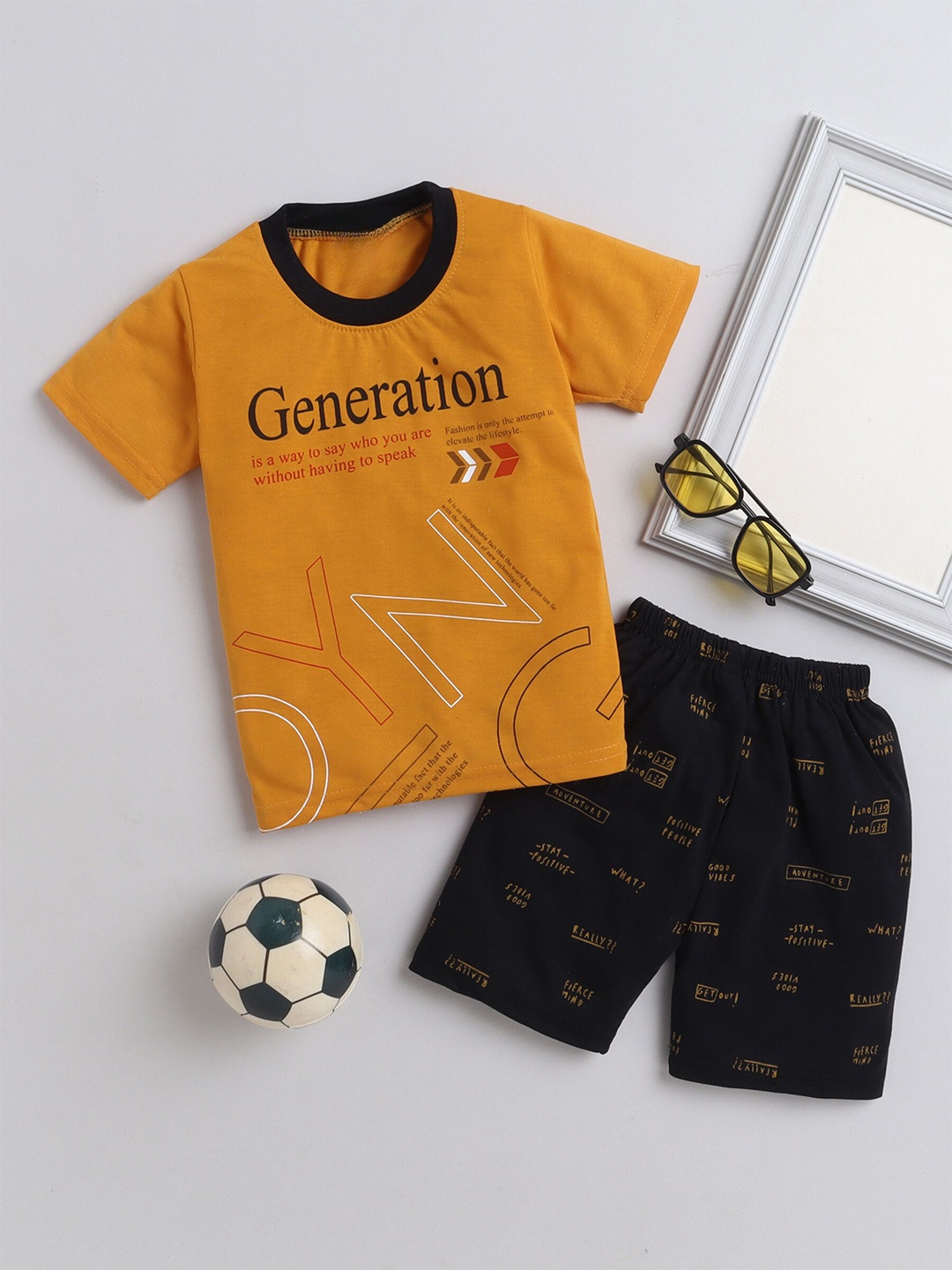 

DKGF FASHION Boys Printed Pure Cotton T-shirt With Shorts, Mustard