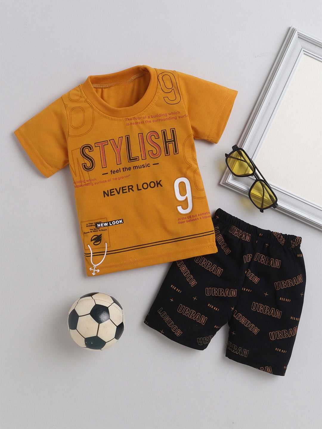 

DKGF FASHION Boys Printed Pure Cotton T-shirt With Shorts, Mustard