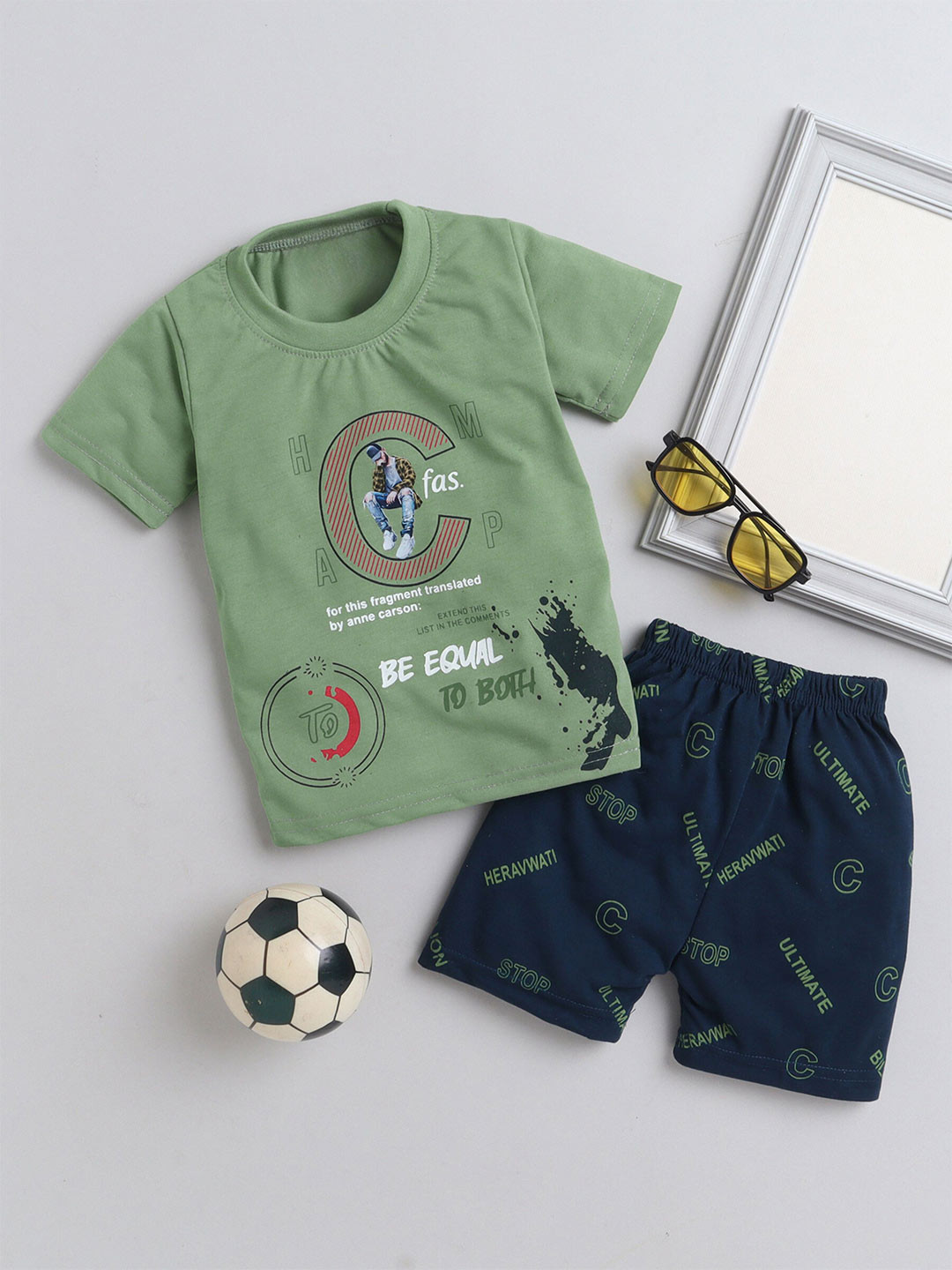 

DKGF FASHION Boys Printed Pure Cotton T-shirt With Shorts, Green