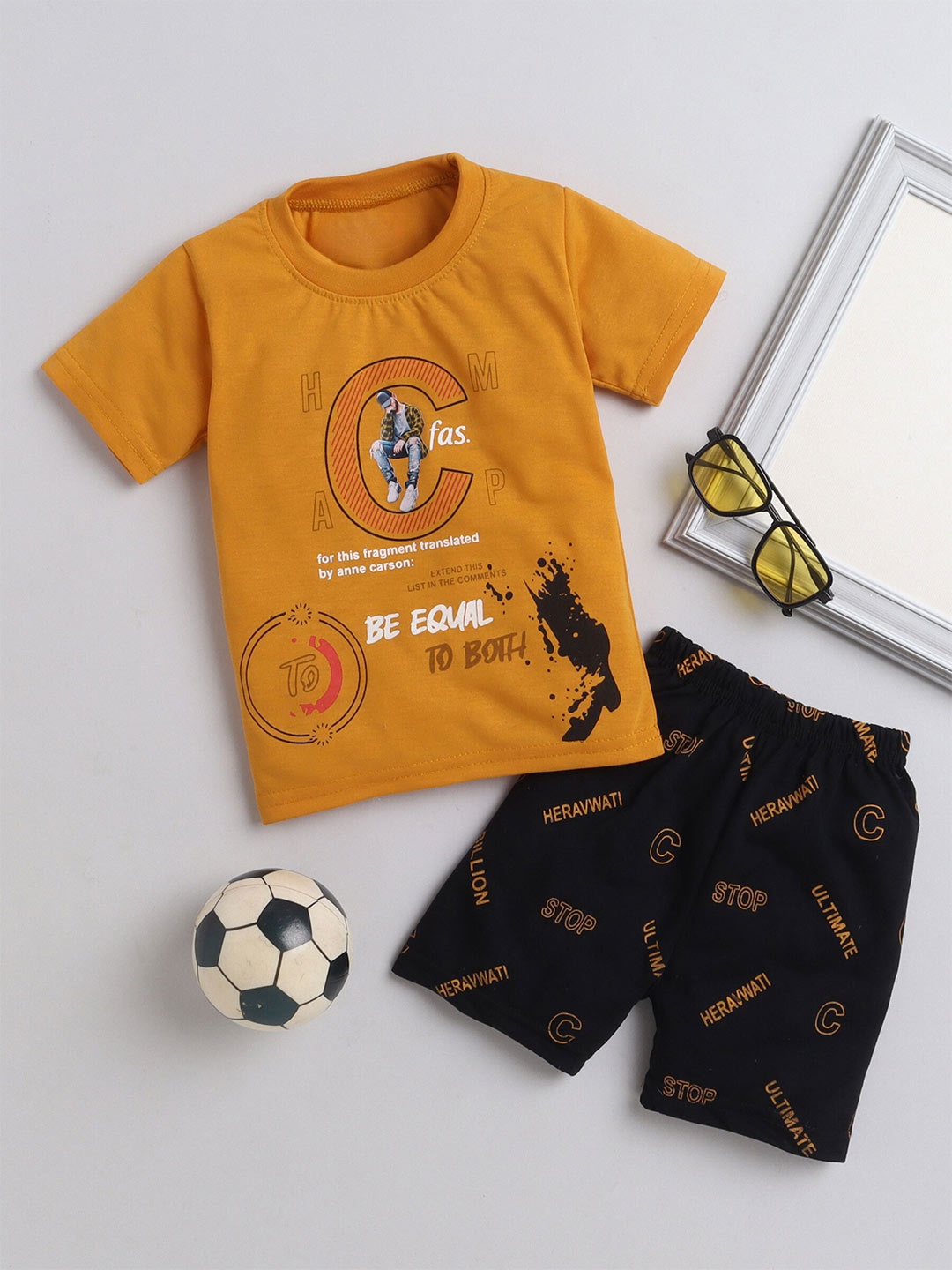 

DKGF FASHION Boys Printed Pure Cotton T-shirt With Shorts, Mustard