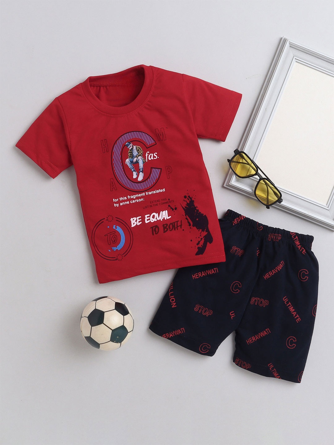 

DKGF FASHION Boys Printed Pure Cotton T-shirt With Shorts, Maroon
