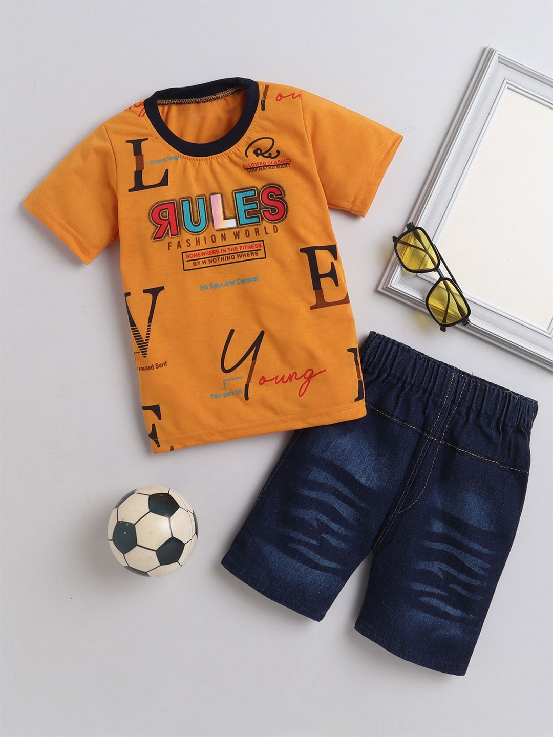

DKGF FASHION Boys Printed Pure Cotton T-shirt With Shorts, Mustard