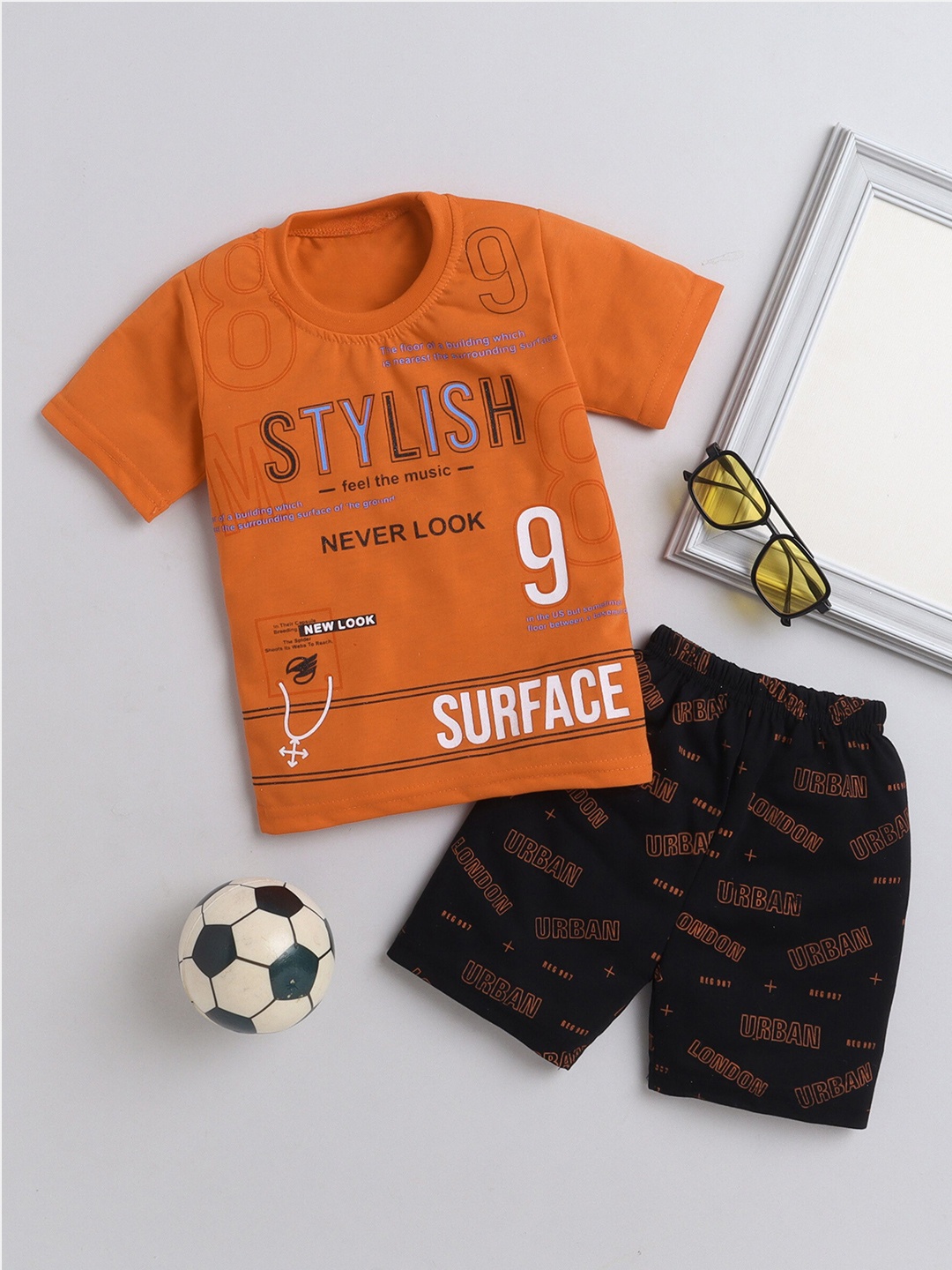 

DKGF FASHION Boys Printed Pure Cotton T-shirt With Shorts, Orange