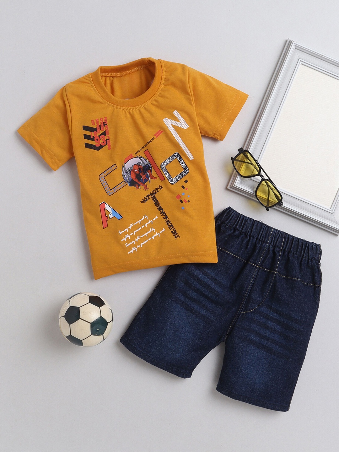 

DKGF FASHION Boys Printed Pure Cotton T-shirt With Shorts, Mustard