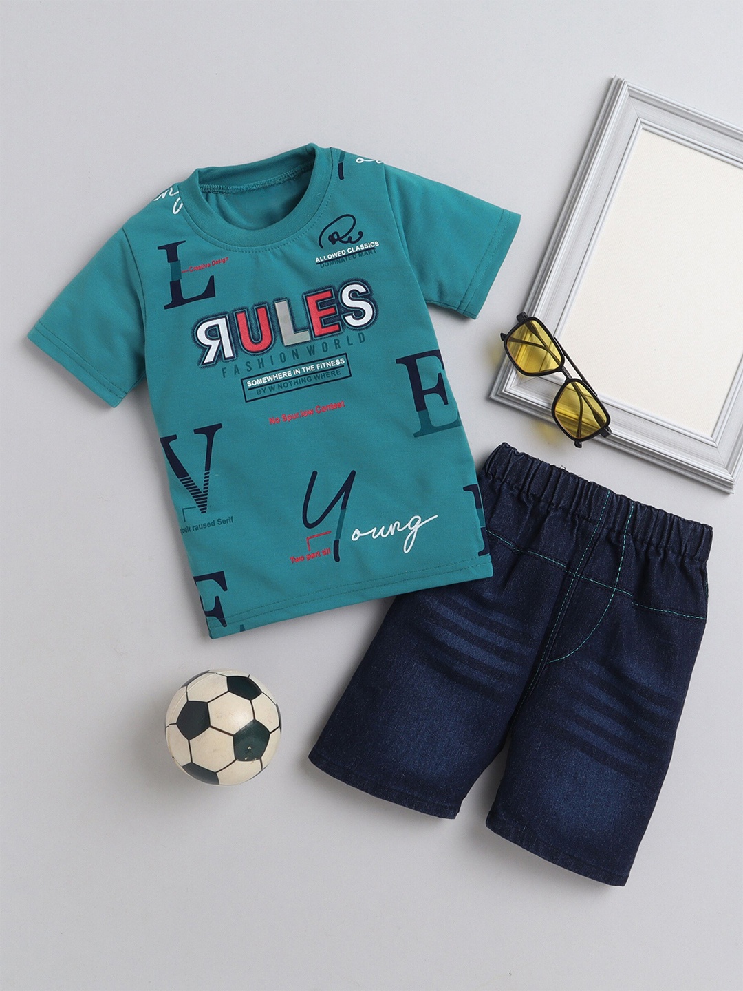 

DKGF FASHION Boys Printed Pure Cotton T-shirt With Shorts, Teal