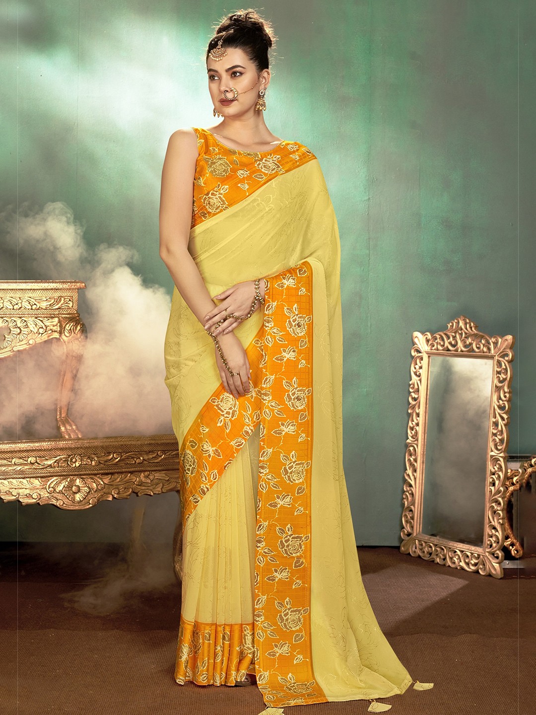 

Triveni Floral Printed Pure Georgette Saree, Yellow