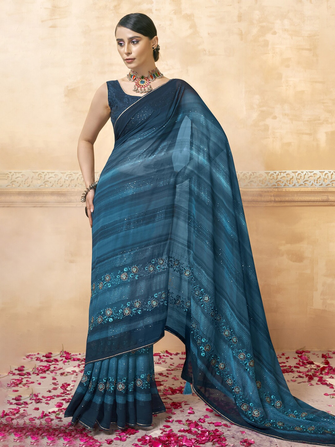 

Triveni Floral Embroidered Beads and Stones Pure Georgette Saree, Teal