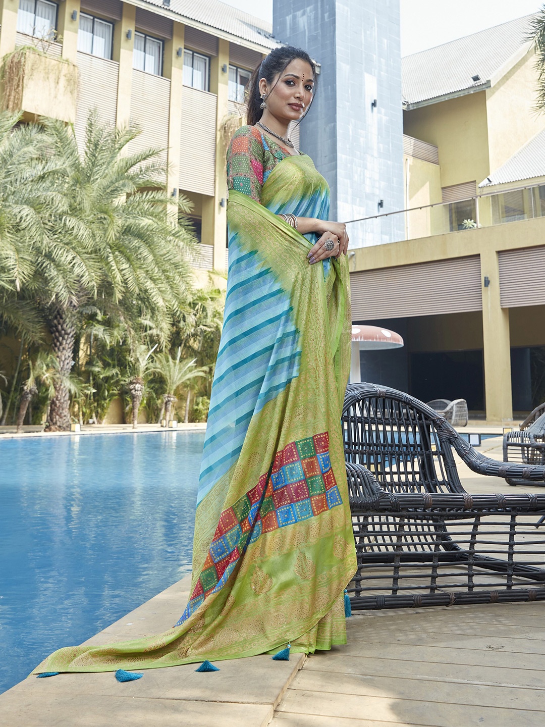 

Triveni Striped Beads and Stones Saree, Green