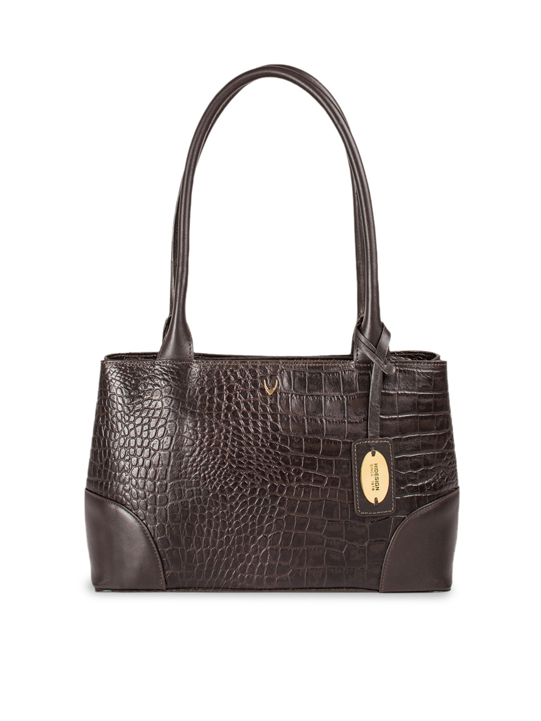 

Hidesign Brown Animal Textured Leather Structured Shoulder Bag with Cut Work