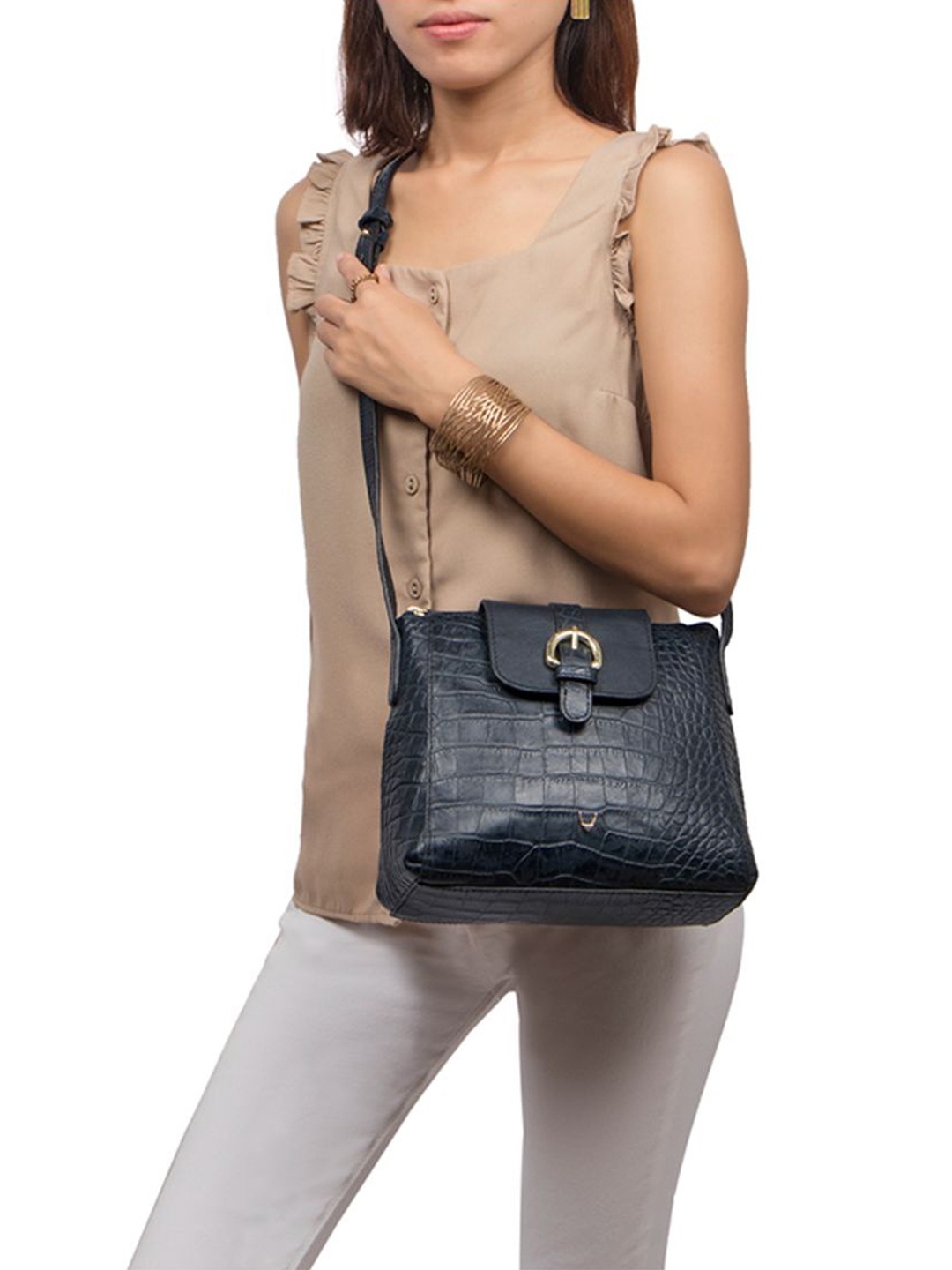 

Hidesign Textured Leather Structured Sling Bag, Blue