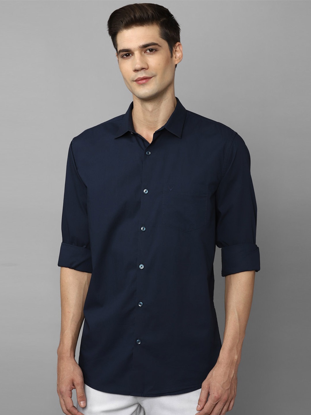 

Allen Solly Spread Collar Slim Fit Pure Cotton Casual Shirt, Navy blue