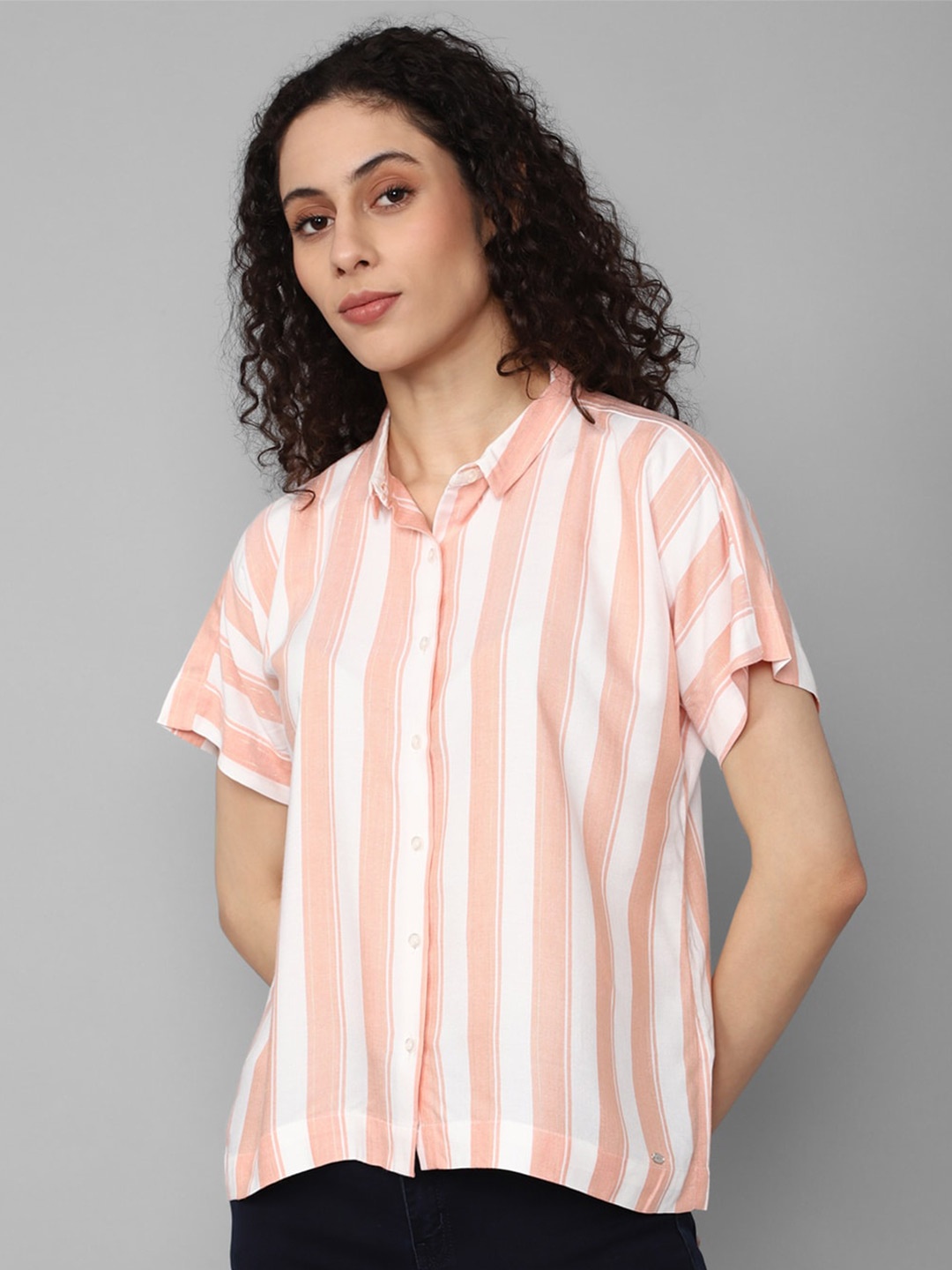 

Allen Solly Woman Vertical Striped Extended Sleeves Casual Shirt, Pink