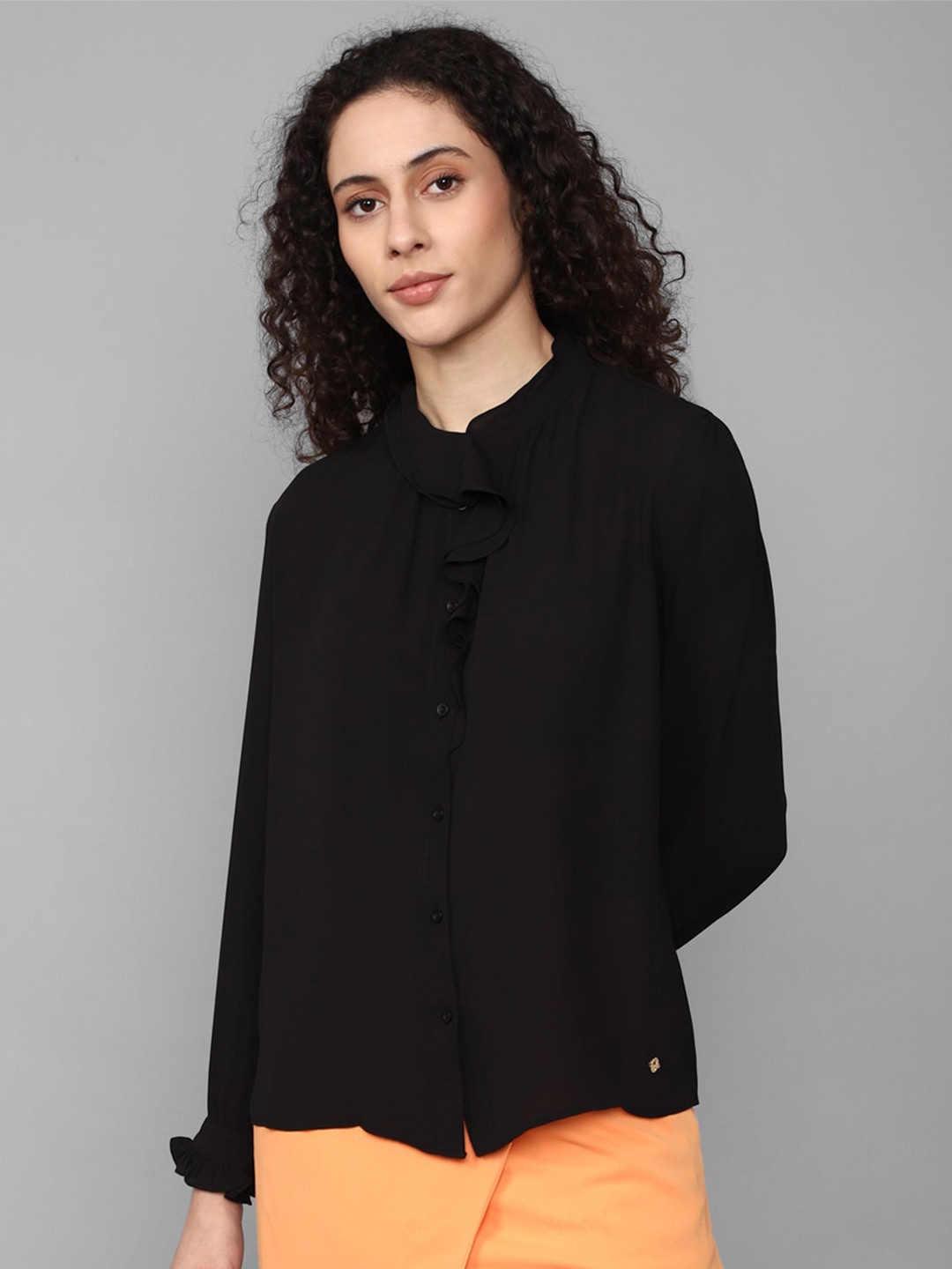 

Allen Solly Woman Mandarin Collar Ruffles Shirt Style Top, Black