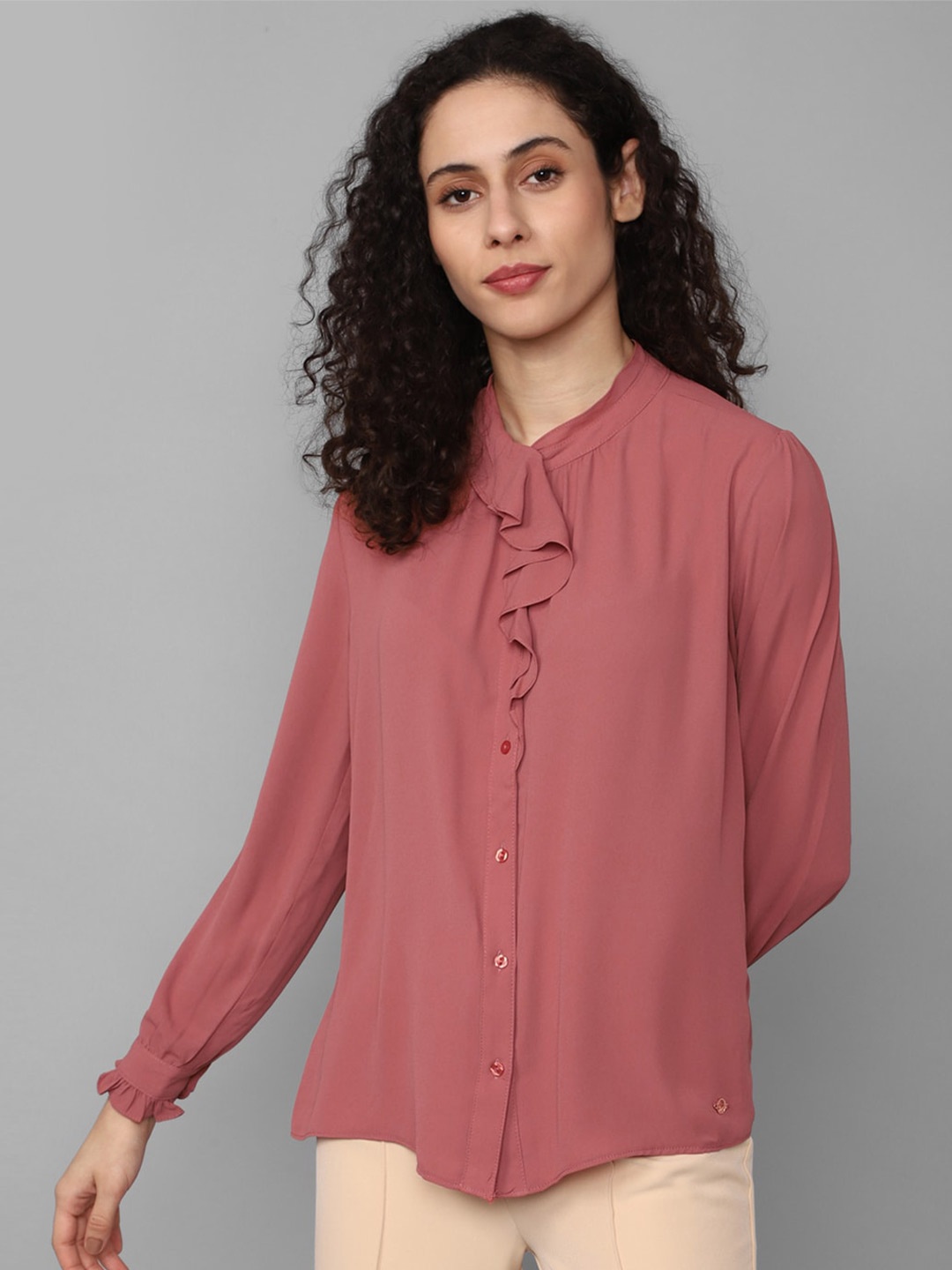 

Allen Solly Woman Mandarin Collar Ruffles Shirt Style Top, Pink