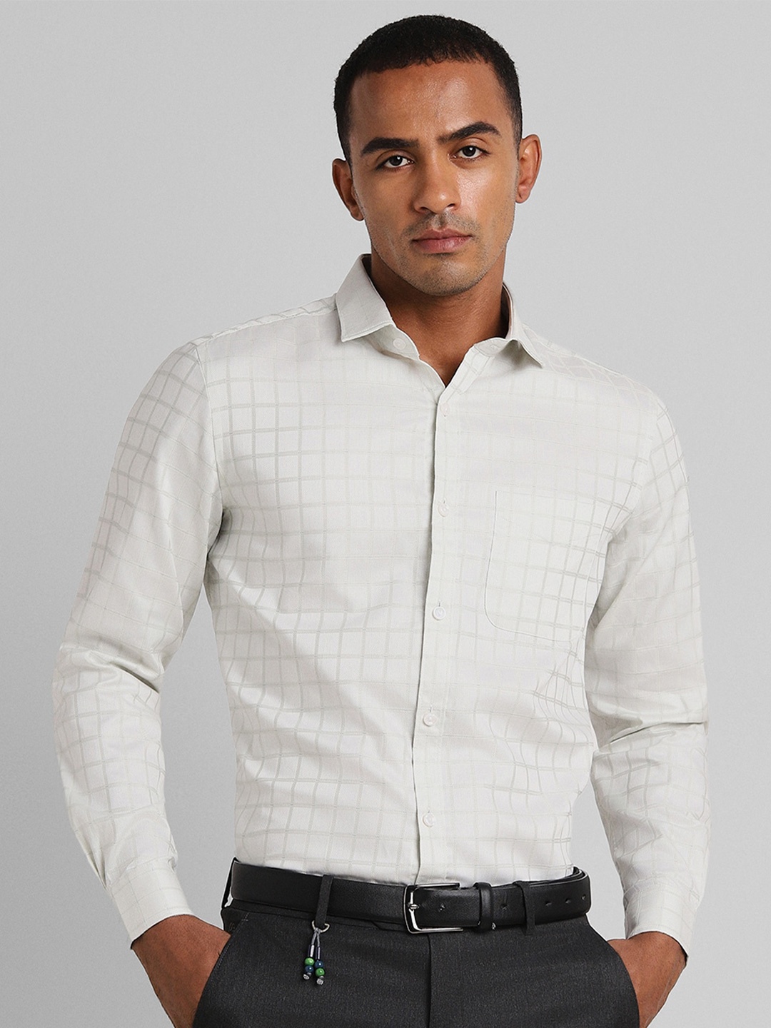 

Peter England Elite Grid Tattersall Checked Pure Cotton Formal Shirt, Off white