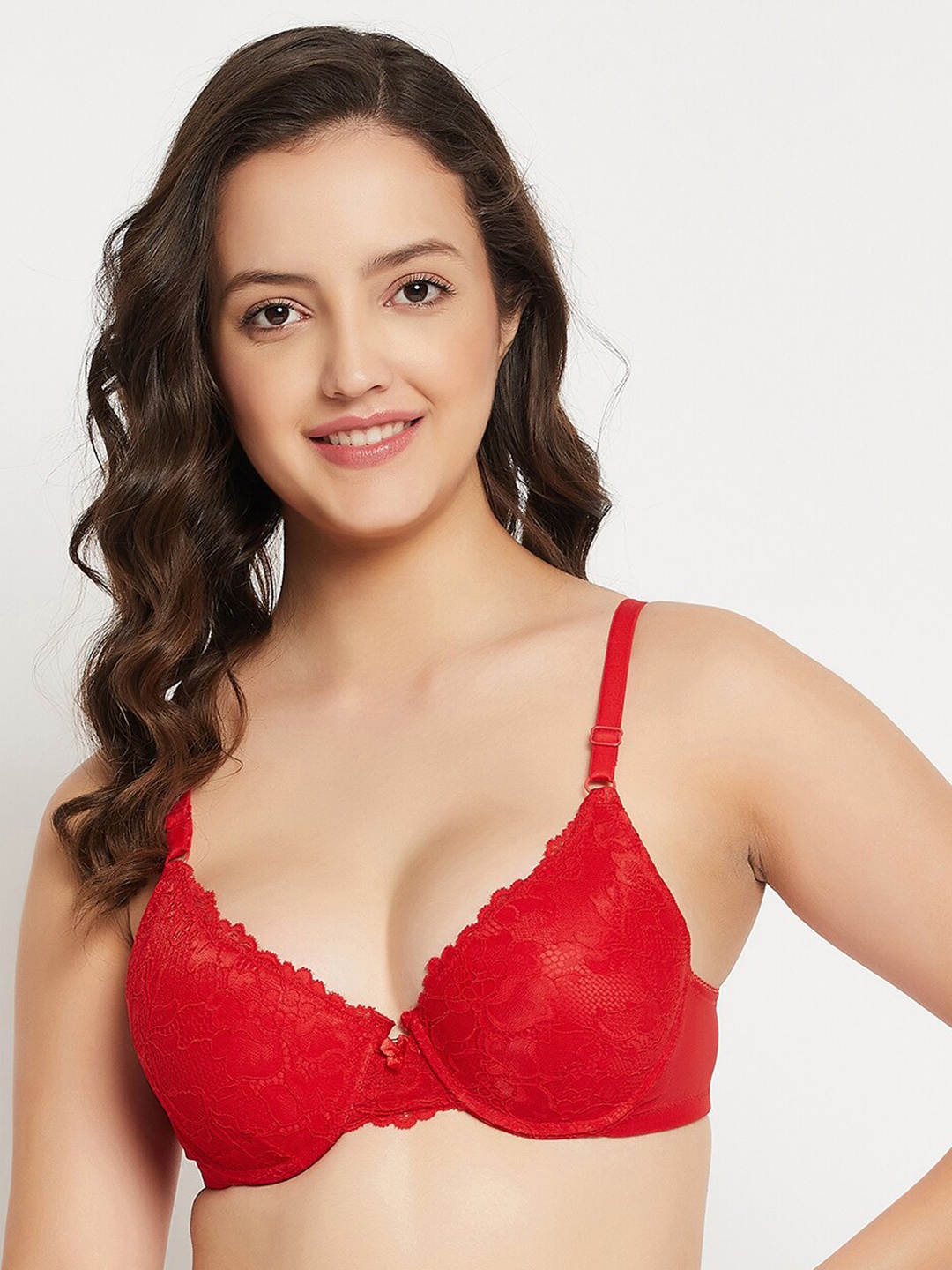 

Clovia Red Floral Self-Design Half Coverage Underwired Heavily Padded Bra