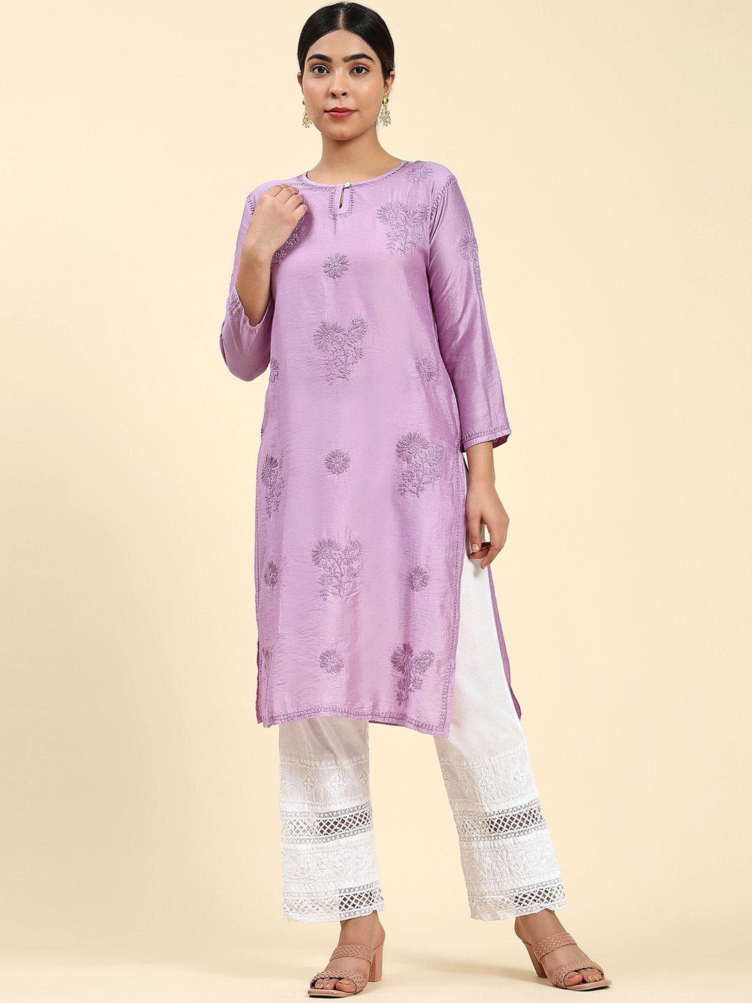 

HOUSE OF KARI Floral Chikankari Embroidered Chanderi Silk Kurta, Purple