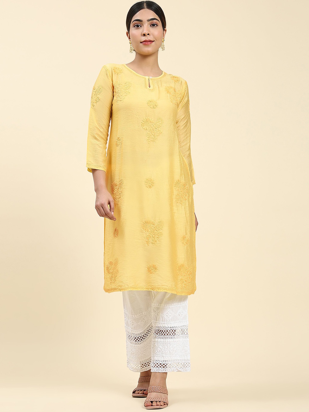 

HOUSE OF KARI Floral Chikankari Embroidered Keyhole Neck Chanderi Silk Kurta, Yellow