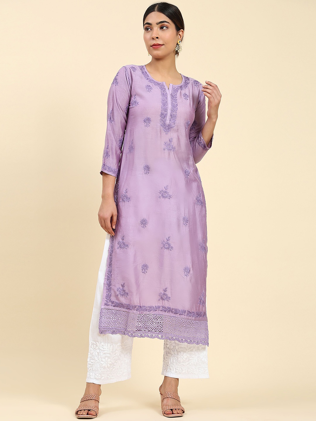 

HOUSE OF KARI Floral Chikankari Embroidered Kurta, Purple