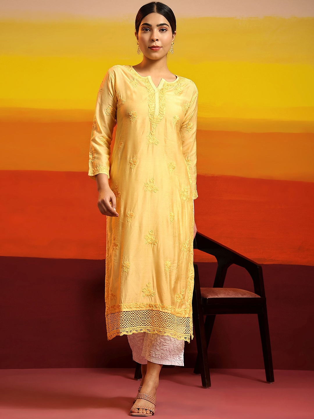 

HOUSE OF KARI Floral Chikankari Embroidered Kurta, Yellow