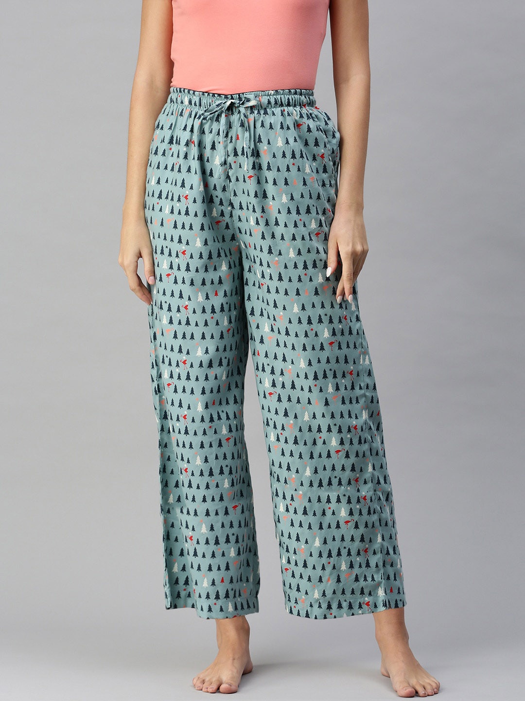 

Bareblow Women Printed Cotton Flared Lounge Pants, Green